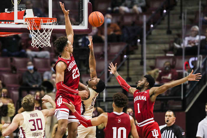 Indiana's Trayce Jackson-Davis blocks a shot near the end of the first half. (Photo Courtesy of IU Athletics)